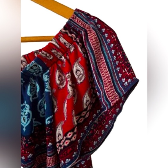 Meraki red & blu ptchwrk off the shldr top SZ M boho peasant farmcore - Picture 6 of 9